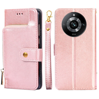 Rose pink leather zipper phone case with wrist strap and card pocket
