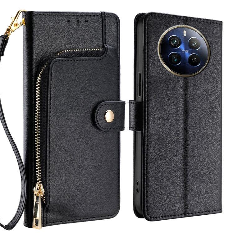 Black leather zipper phone case wallet with wrist strap and magnetic snap closure