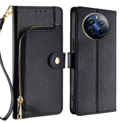 Black leather zipper phone case wallet with wrist strap and magnetic snap closure