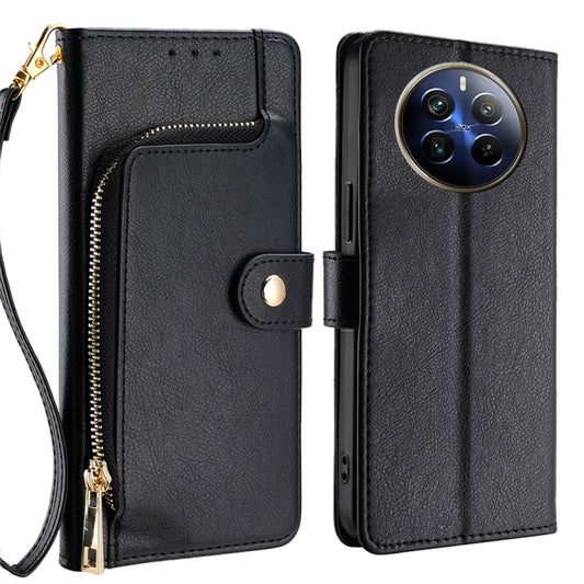 Black leather zipper phone case wallet with wrist strap and magnetic snap closure