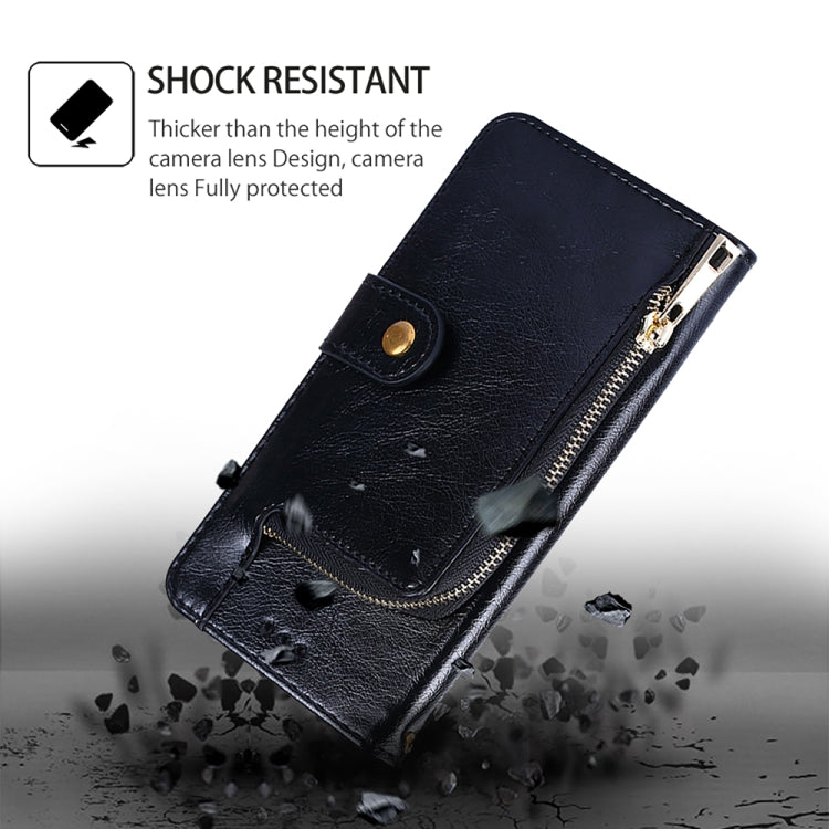 Black leather phone case with reinforced shock-resistant corner and zipper pocket