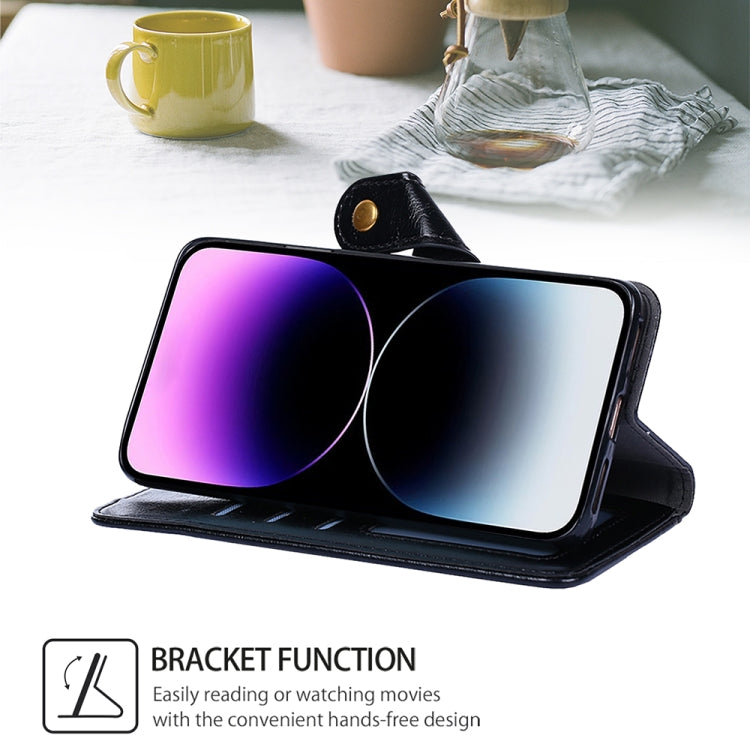 Black leather wallet phone case with built-in kickstand for hands-free viewing