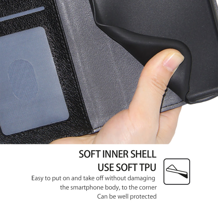 Black leather wallet phone case showing soft inner TPU lining and card holder