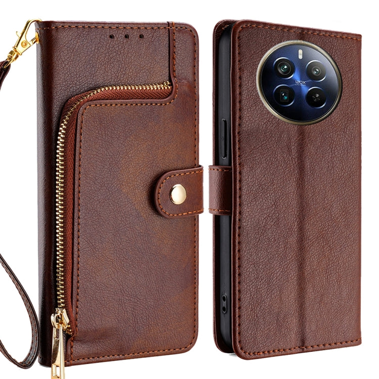 Brown leather zipper phone case wallet with wrist strap and magnetic snap closure