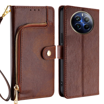 Brown leather zipper phone case wallet with wrist strap and magnetic snap closure