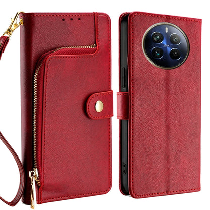 Red leather zipper phone case wallet with wrist strap and magnetic snap closure