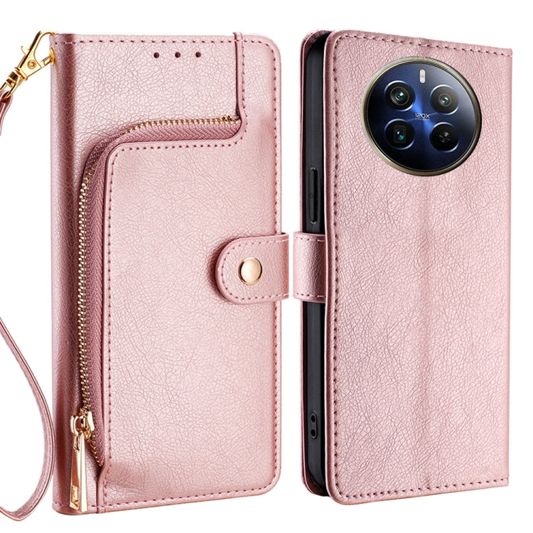 Rose gold leather zipper phone case wallet with wrist strap and magnetic snap closure