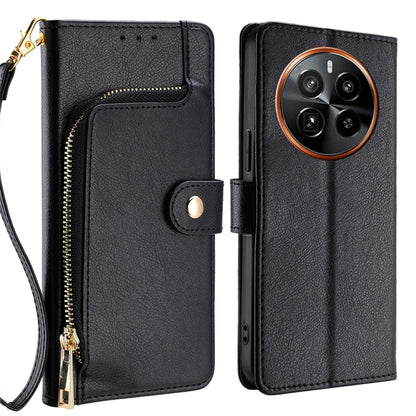 Black leather zipper phone case with flip wallet and wrist strap, camera cutout visible