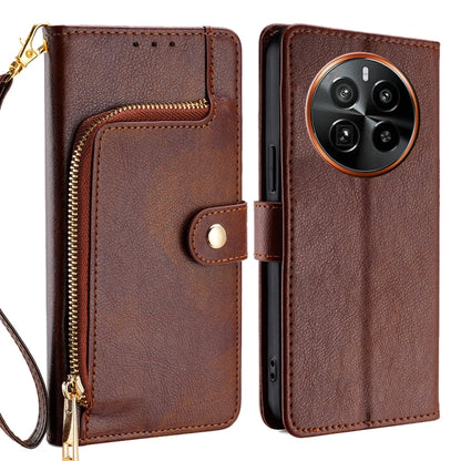 Brown leather zipper phone case with flip wallet, metal zipper pull, camera cutout visible