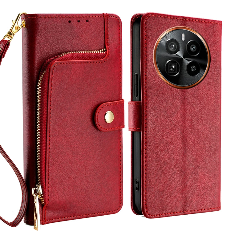 Red leather zipper phone case with flip wallet and wrist strap, camera cutout visible