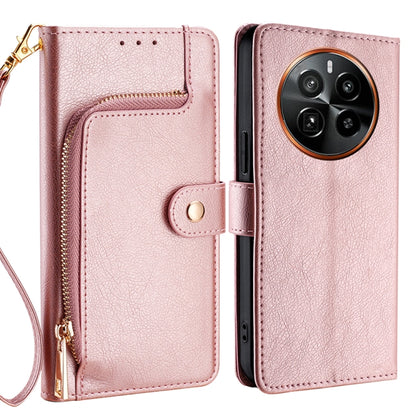 Rose gold leather zipper phone case with flip wallet and wrist strap, camera cutout visible