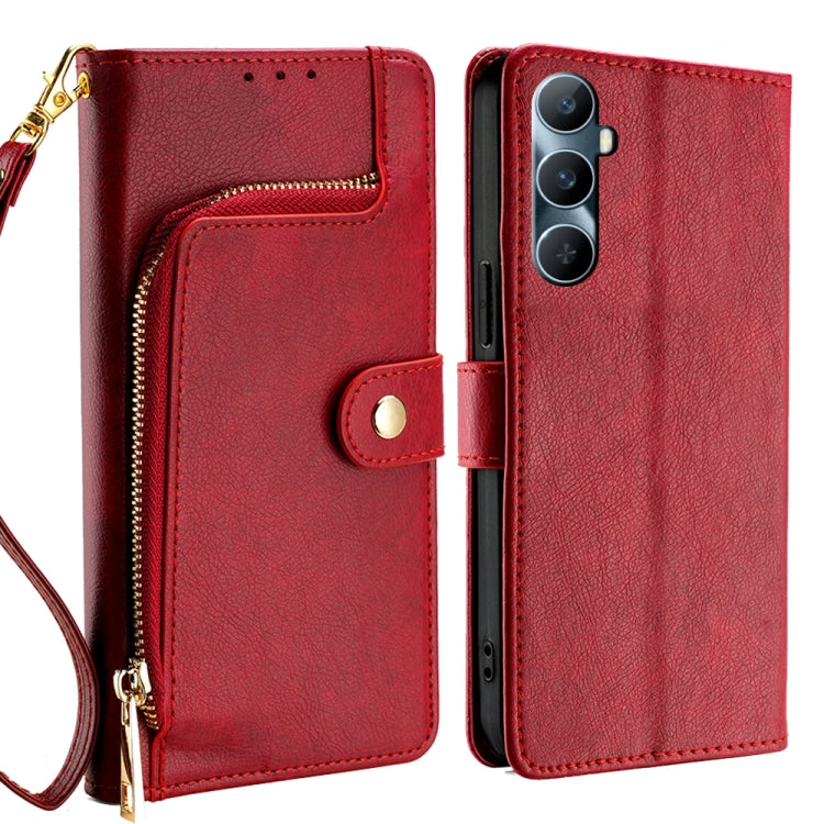 Red leather zipper phone case with wrist strap and card pocket