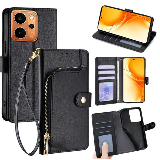 Black leather-look zipper wallet phone case with wrist strap and card slots