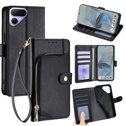 Black leather zipper wallet phone case with wrist strap and card holder