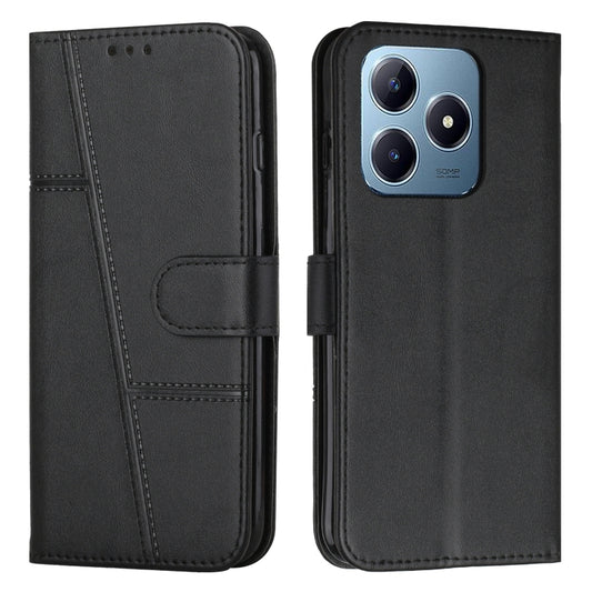 Black flip phone wallet case with stitched panels, buckle closure, and card pocket