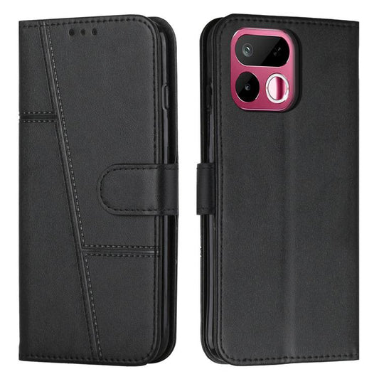 Black leather-look phone case with buckle strap and stitched panel design.