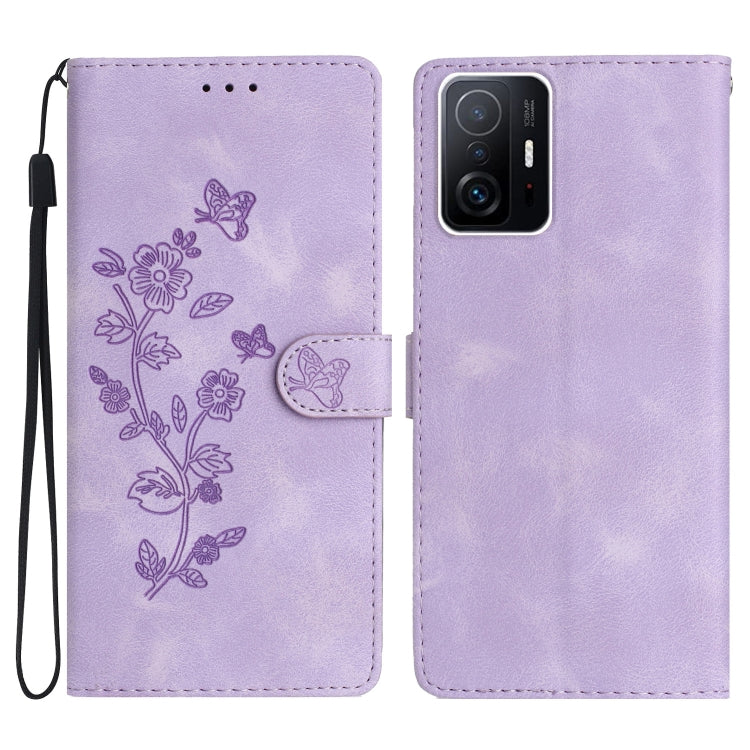 Lavender leather phone case with embossed flower and butterfly pattern, folio design
