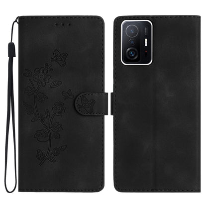Black leather phone case with embossed flower and butterfly pattern, folio with wrist strap