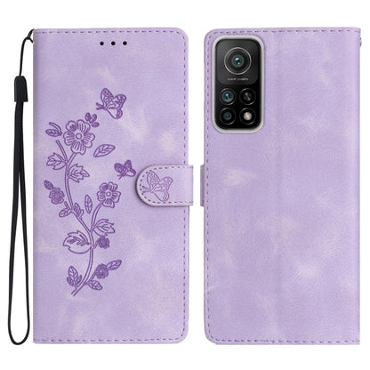 Purple leather wallet phone case with embossed floral and butterfly pattern, flip cover, wrist strap