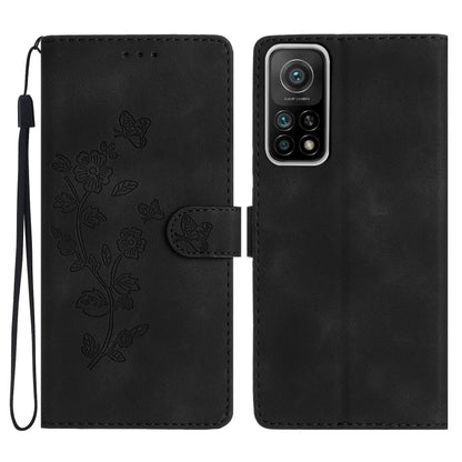 Black leather wallet phone case with embossed floral and butterfly pattern, flip cover, wrist strap