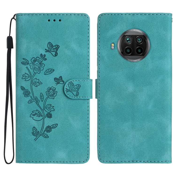 Sky blue leather folio phone case with embossed flowers and butterflies, wrist strap and camera cutout