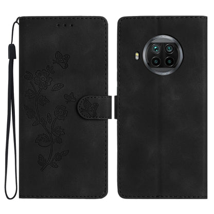 Black leather wallet phone case with embossed floral and butterfly pattern, flip cover, wrist strap