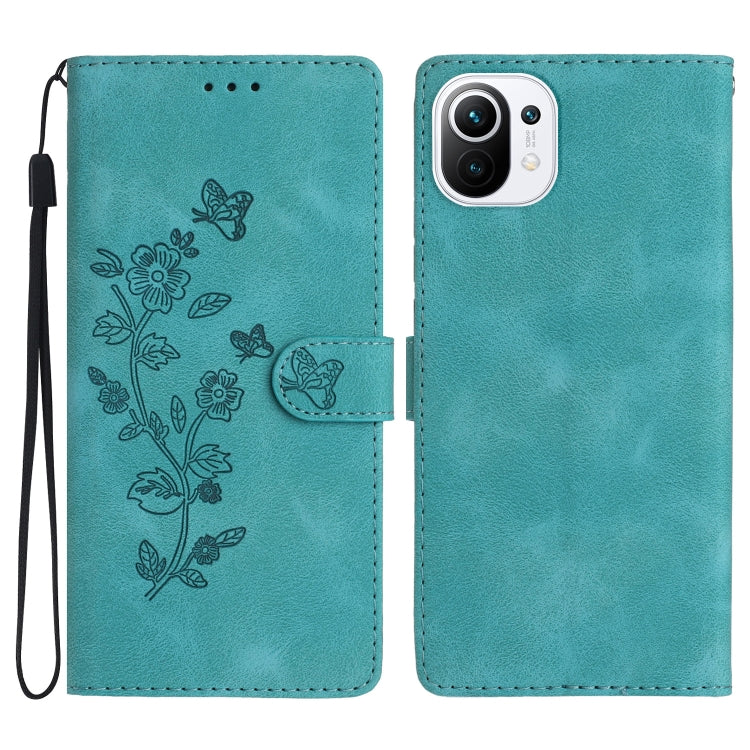 Teal leather phone case with embossed flowers and butterfly, flip cover, wrist strap