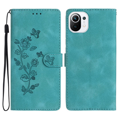Teal leather phone case with embossed flowers and butterfly, flip cover, wrist strap
