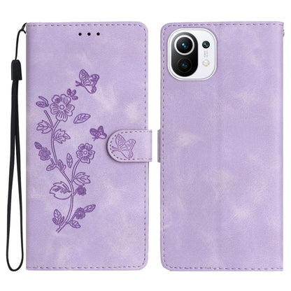 Lavender leather phone case with embossed flowers and butterfly, flip cover, wrist strap