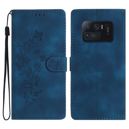 Blue leather phone case with embossed flowers and butterfly, flip cover, wrist strap