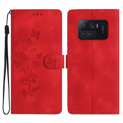 Red leather phone case with embossed flowers and butterfly, flip cover, wrist strap