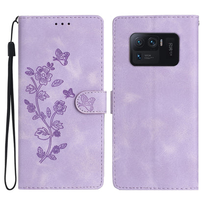 Lavender leather phone case with embossed flowers and butterfly, flip cover and camera cutout