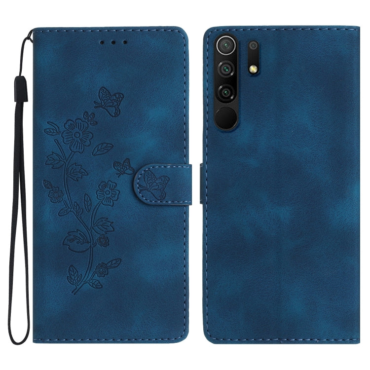 Leather phone case with embossed floral and butterfly pattern, flip wallet style, blue