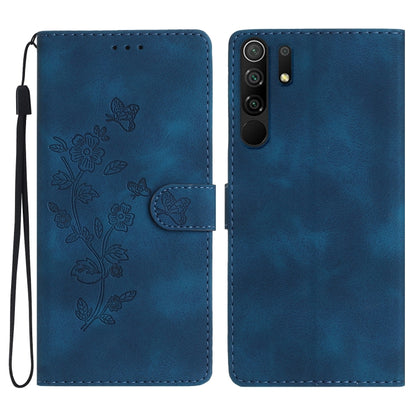 Leather phone case with embossed floral and butterfly pattern, flip wallet style, blue