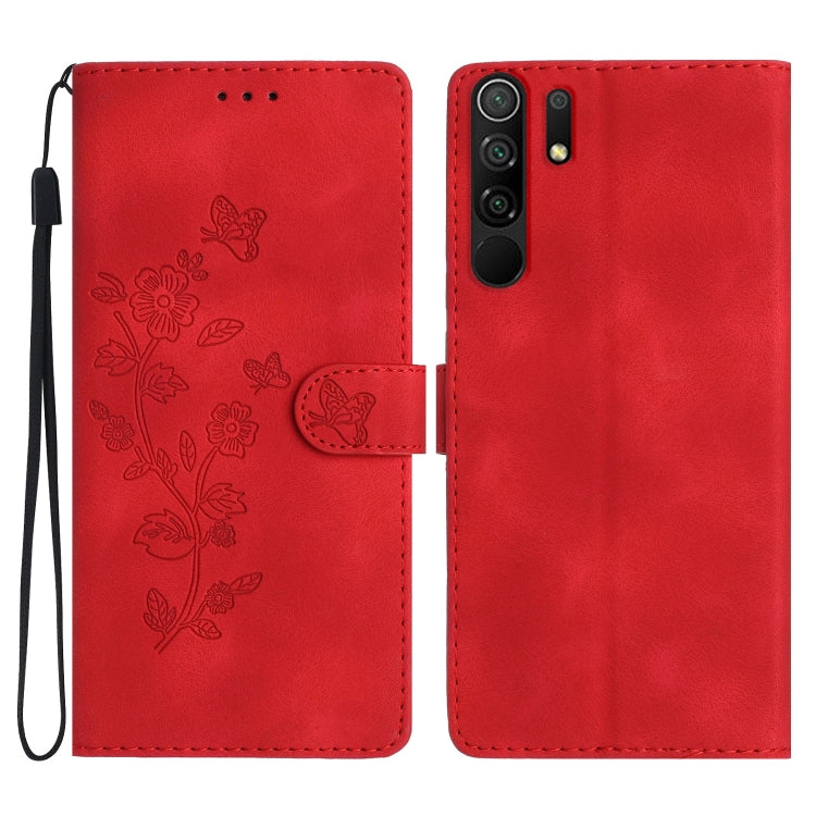 Leather phone case with embossed floral and butterfly pattern, flip wallet style, red