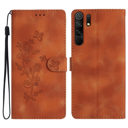 Leather phone case with embossed floral and butterfly pattern, flip wallet style, brown