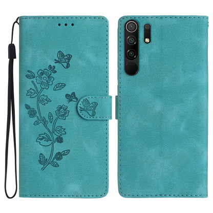 Leather phone case with embossed floral and butterfly pattern, flip wallet style, teal