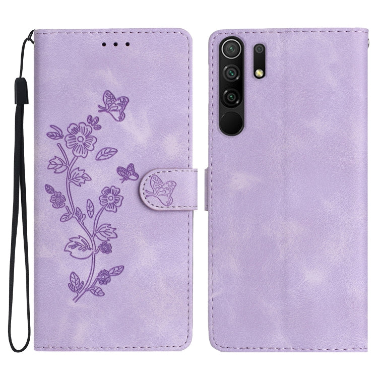 Leather phone case with embossed floral and butterfly pattern, flip wallet style, lavender