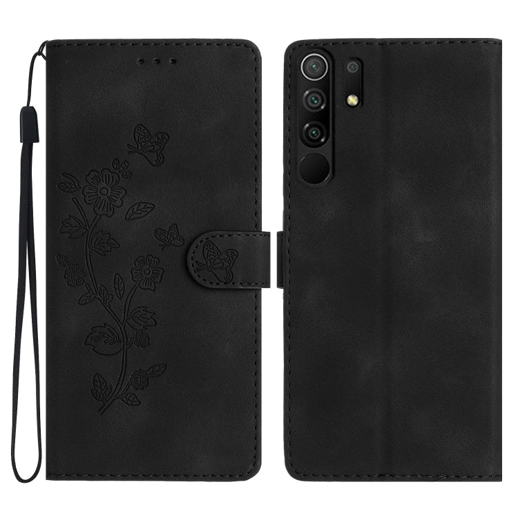 Leather phone case with embossed floral and butterfly pattern, flip wallet style, black