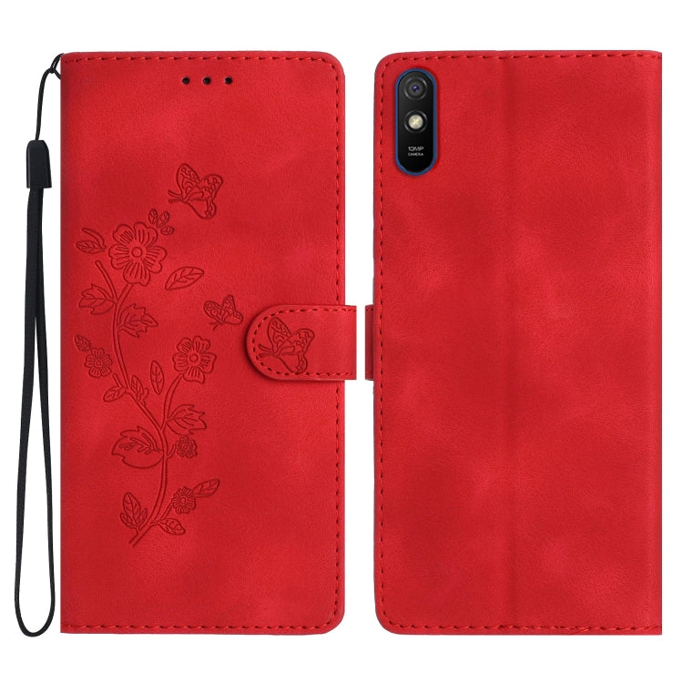 Red leather wallet phone case with embossed floral and butterfly pattern, flip cover, wrist strap