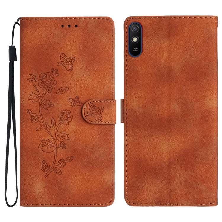 Leather phone case with embossed floral and butterfly pattern, flip wallet style, brown
