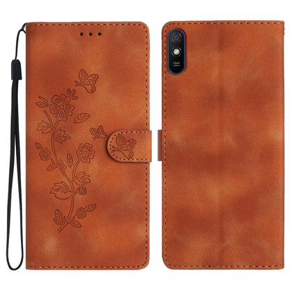 Leather phone case with embossed floral and butterfly pattern, flip wallet style, brown