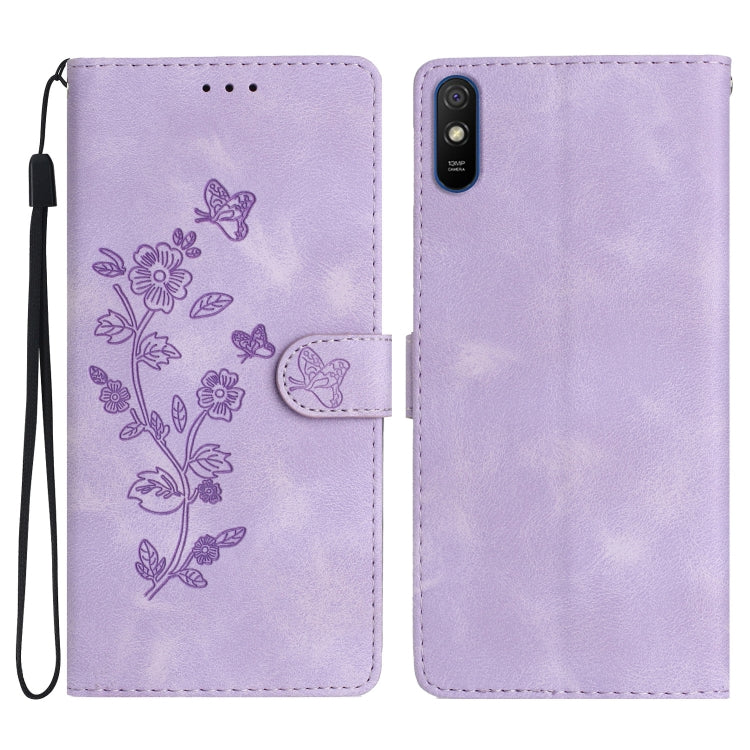 Leather phone case with embossed floral and butterfly pattern, flip wallet style, lavender