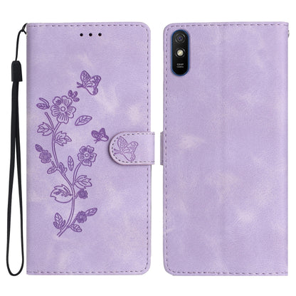 Leather phone case with embossed floral and butterfly pattern, flip wallet style, lavender