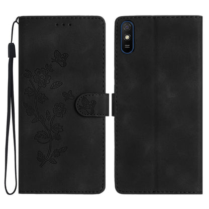 Leather phone case with embossed floral and butterfly pattern, flip wallet style, black