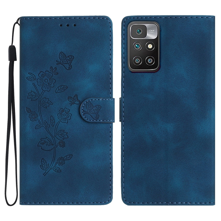 Blue leather phone case with embossed flower and butterfly pattern, folio with flap