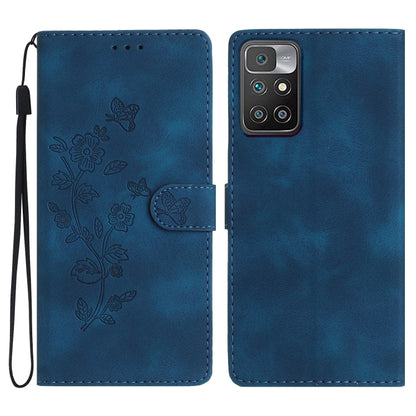 Blue leather phone case with embossed flower and butterfly pattern, folio with flap
