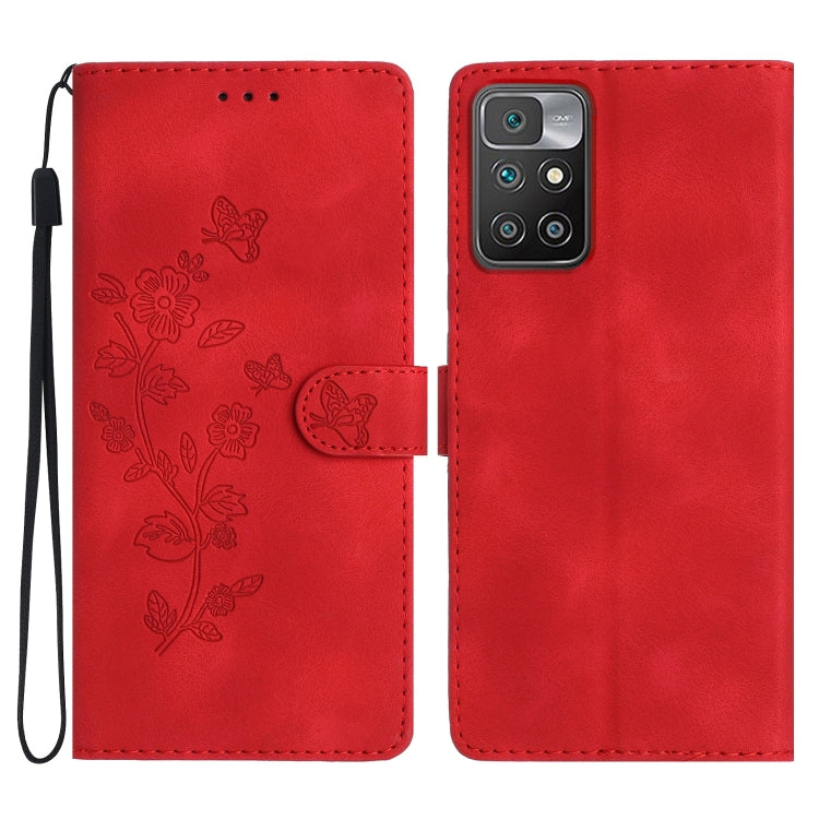 Red leather phone case with embossed flower and butterfly pattern, folio wallet style