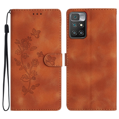 Brown leather phone case with embossed flower and butterfly pattern, folio with strap