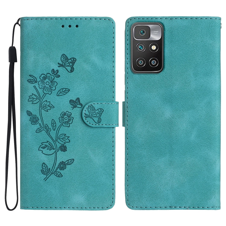Teal leather phone case with embossed flower and butterfly pattern, folio with flap
